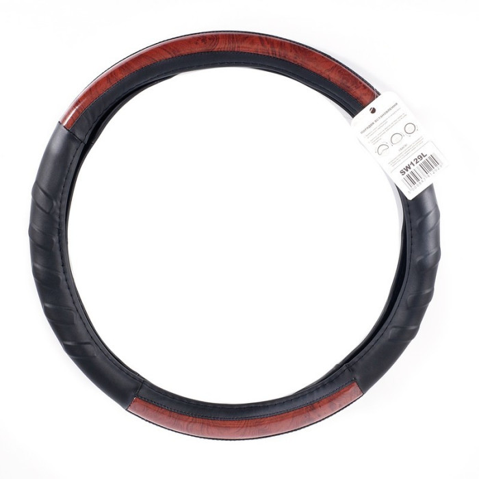 Чехол для руля из экокожи черного цвета с коричневыми элементами Carlife (SW129L)