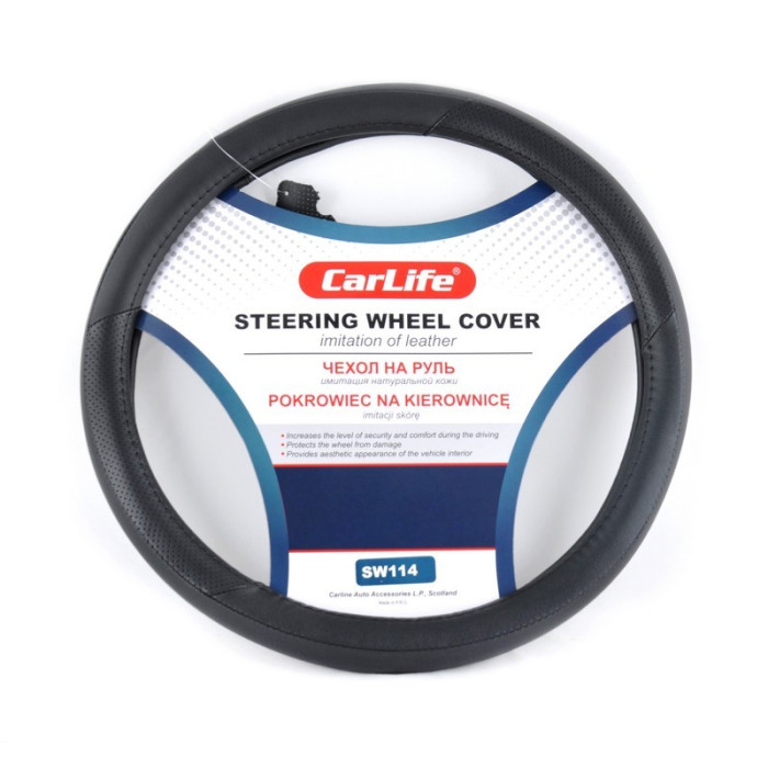Чехол на руль XL из искусственной кожи черный для авто CARLIFE (SW114XL)