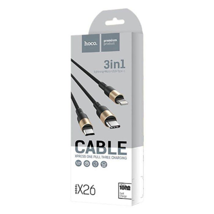 Кабель HOCO Combo Micro USB/Lightning/Type-C Xpress one pull three charging cable X26 |1m, 2A| (blac