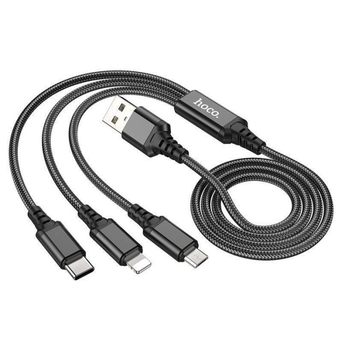 Кабель USB Hoco X76 3-in-1 IP+Type-C+Micro 2A (Черний)