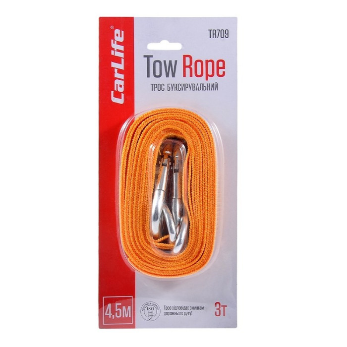 Трос буксирувальний 3 т (4,5 м) CarLife з карабінами в блистері (TR709)